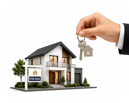 Hand holding house keys above a model home for sale
